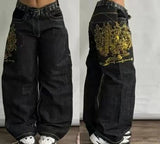 y2k outfits Black Printed Jeans American Retro Jazz Dance Pants Harajuku Trendy Cool Pants