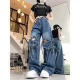 y2k outfits Jeans Women's Spring Dopamine Wear Retro Personality Love Strap Design Sense Wide Leg Straight Long Pants