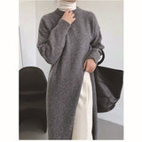 long sweater dress outfit Lazy Style Side Slit Dress Women's  Autumn and Winter Loose round Neck Pullover over the Knee Long Knitted Sweater Dress