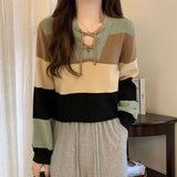 college outfits V-neck Contrast Color Short Long-Sleeved Sweater for Women Spring New Striped Binding Rope Slimming Slim Fit Small Top