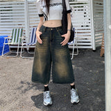 Fashionkova 90s streetwear Wide Leg Cropped Jeans Spring and Summer Vintage Washed Distressed American High Street Loose Straight Pants Men's and Women's Shorts Fashion