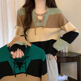 college outfits V-neck Contrast Color Short Long-Sleeved Sweater for Women Spring New Striped Binding Rope Slimming Slim Fit Small Top