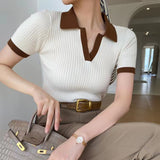 business casual women outfits chic Summer French-Style Elegant Polo Shirt Women's Contrast Color V-neck Short Sleeve Cool Silk Top Slim Fit Inner Sweater