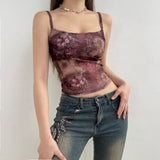 90s streetwear American Street Sexy Vintage Printed Mesh See-through Vest Hot Girl Waist-Tight Short Chest-Flattering Music Festival Sling