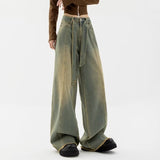 90s streetwear Spring and Autumn Frayed Jeans Women's Straight Loose American Retro High Street Wide-Leg Pants Street Niche Design Pants