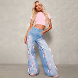 2000s fashion Hot Girl Jeans Women's Autumn New Mid-Waist Wide-Leg Pants Bow Decoration All-Matching Trousers