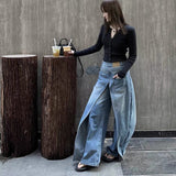 casual fall outfits New Retro Washed Slimming Two-Way Wear Deconstruction Denim Banana Pants Fake Two-Piece Denim Wide-Leg Pants for Women 