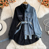 2024 fall fashion trends Denim Stitching Lapel Dress Spring and Autumn New Waist Slimming Irregular Mid-Length Shirt