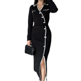 2000s fashion Autumn Fashion Contrast Color Polo Collar Sweater Long Sleeve Dress