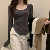 t shirt Women's Long-Sleeved T-shirt Autumn and Winter New Fashion Ins Irregular Slim Student Casual Short Top Girl Bottoming Shirt