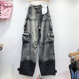 90s streetwear 2024 Autumn New Style Fried Street Style Large Pocket Design Washed Gradient Tooling Umbrella Pants Casual Jeans Women's Fashion