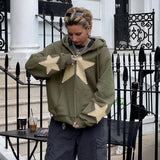 grunge dti Street Style Fashion Five-Pointed Star Patch Zipper Large Pocket Hooded Loose Sweater Autumn and Winter Casual Coat