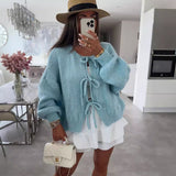 outfit ideas for school round Neck Lace-up Knitted Cardigan Coat 2024 Autumn and Winter New Pure Color Commuter Simple Sweater for Women