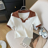 business casual women outfits chic Summer French-Style Elegant Polo Shirt Women's Contrast Color V-neck Short Sleeve Cool Silk Top Slim Fit Inner Sweater