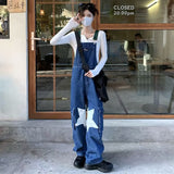 outfit inspo Star Denim Suspender Pants American Retro Autumn National Fashion Design Wide Leg Loose Casual Overalls