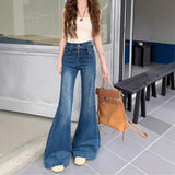 hipster American New High Waist Micro Horn Denim Trousers Women's Belt Design Wide Foot Mopping Horseshoe Pants