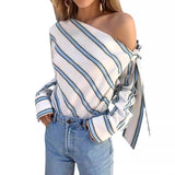 off shoulder  Autumn Women's Striped Shoulder Shirt Women's Fashionable Temperament Long Sleeve Bow Shirt Women