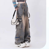 y2k Jeans Women's Autumn Dopamine Wear Retro Distressed Large Pocket Design Straight Trousers