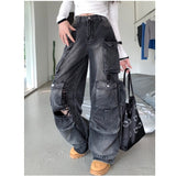 grunge outfits Plus Size American Street Multi-Pocket Loose Workwear Jeans Autumn Design Cover Leg Thick Slimming Straight Pants for Women