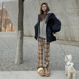 fall fashion Design Sense Niche Khaki Plaid Casual Trousers Women's Spring and Autumn American Retro High Waist Slimming Micro Flared Pants