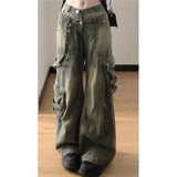 grunge outfits American New Retro Washed Workwear Jeans Women's Street Design Straight Loose Wide Leg Drop-down Long Pants