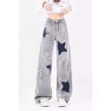 school fits highschool American Retro Star Jeans for Women Spring and Summer 2024 New High Waist Loose Straight Casual Wide Leg Pants for Women