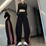 concert outfit Korean Style Loose All-Match Striped Trendy Cool Sports Pants Women's Summer 2024 American High Street Straight Wide-Leg Casual Pants