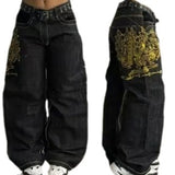 y2k outfits Black Printed Jeans American Retro Jazz Dance Pants Harajuku Trendy Cool Pants