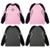 90s streetwear American Street Tide Contrast Color Stitching Beaded Cross Star Printed round Neck Long Sleeve T-shirt Men and Women Loose Casual Tee