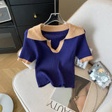 business casual women outfits chic Summer French-Style Elegant Polo Shirt Women's Contrast Color V-neck Short Sleeve Cool Silk Top Slim Fit Inner Sweater