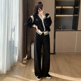 business casual outfits Fall  Internet Celebrity Casual Fashion Professional Two-Piece Suit Black Knitted Top Wide Leg Pants for Women