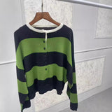 rugby shirt outfit Spanish  Early Autumn New Mernu Wool Button Pullover Long Sleeve Loose Striped Sweater for Women