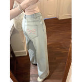 outfit ideas for school Bowknot Party Ballet Style Embroidered Light Blue Denim Wide Leg Pants