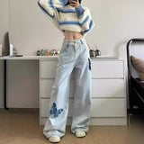 y2k outfits Retro Wide-Leg Jeans Retro Straight Jeans Women's Embroidered Design High Waist Loose Slimming Wide-Leg Pants