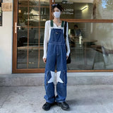 outfit inspo Star Denim Suspender Pants American Retro Autumn National Fashion Design Wide Leg Loose Casual Overalls