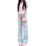 outfit ideas for school Bowknot Party Ballet Style Embroidered Light Blue Denim Wide Leg Pants