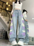 outfit ideas for school American-Style Light-Colored Butterfly Embroidered Jeans Women's Fashionable Design High Waist Loose Slimming Straight Wide-Leg Mopping Pants