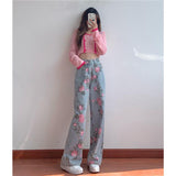 dream clothes Sweet Retro Printed Jeans for Women New Design Sense Niche Loose High Waist Slimming Hot Girl Straight Wide Leg Pants