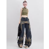 y2k outfits Niche Original Design Stitching Jeans Niche Design Retro Vintage Frayed Star Straight Pants