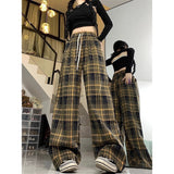 Fashionkova fall 2024 fashion trends Retro Brushed Plaid Casual Pants Women's Autumn New High Waist Straight Pants Slimming Wide Leg Mop Long Pants