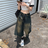 Fashionkova 90s streetwear Wide Leg Cropped Jeans Spring and Summer Vintage Washed Distressed American High Street Loose Straight Pants Men's and Women's Shorts Fashion