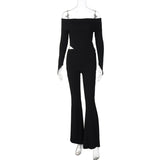 off shoulder  Women's 2024 Autumn Fashion Personalized off-Shoulder Lapel Top Flared Pants Two-Piece Set