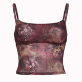 90s streetwear American Street Sexy Vintage Printed Mesh See-through Vest Hot Girl Waist-Tight Short Chest-Flattering Music Festival Sling