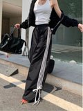 korean fashion Design Bow Side Striped Casual Pants Women's Autumn 2024 New High Waist Loose Slimming Wide Leg Long Pants