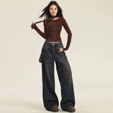  Retro Waste Soil Style Wide-Leg Jeans Women's Autumn New High Waist Loose Slimming Straight Lazy Draping Mop Pants