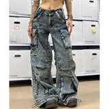 2000s fashion American Street plus Size Multi-Pocket Workwear Jeans Women's American Straight Loose Wide Leg Drop-down Mop Long Pants