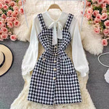 dress to impress codes Autumn Chanel Style Socialite Elegant Bow Lace-up Shirt Two-Piece Suit Tweed Plaid Sling Dress