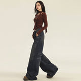  Retro Waste Soil Style Wide-Leg Jeans Women's Autumn New High Waist Loose Slimming Straight Lazy Draping Mop Pants