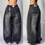 Fashionkova back to school fits Black Gray Denim Wide Leg Pants Jazz Dance Dancing Pants American High Waist Retro Distressed Ins Niche Design Sense