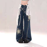  High Waist Ripped Star Patch Jeans Women's Summer Sweet Cool Hot Girl Slimming Straight Wide Leg Trousers